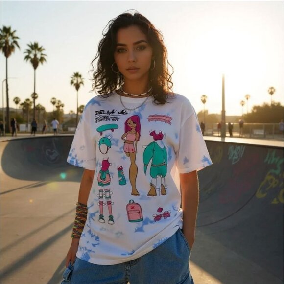Paperdoll Oversized Graphic Top – by dELIA*s White Blue Tie Dye Retro Y2K Casual - Picture 4 of 4